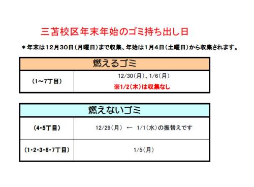 三苫校区年末年始ゴミ持ち出し日